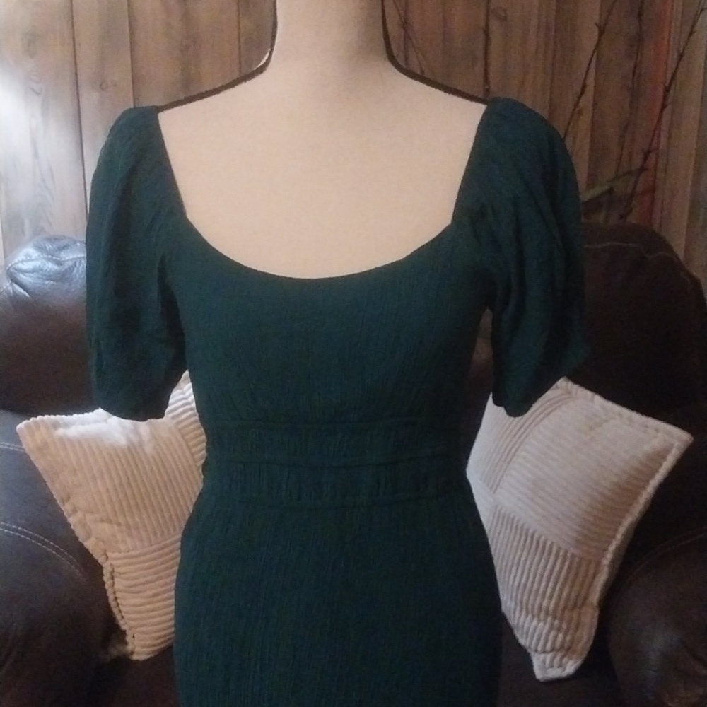Max + Ash Teal Emerald Green Smocked Gauzy Tiered Puff Sleeve Maxi Dress Boho - Picture 2 of 8